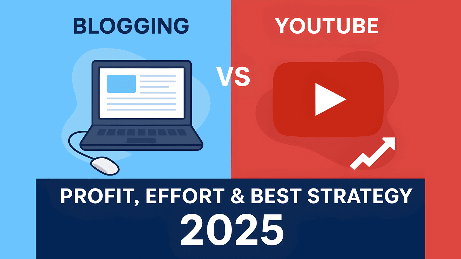 Side-by-side comparison of blogging vs YouTube in 2025 showing income, time, and monetization strategies.