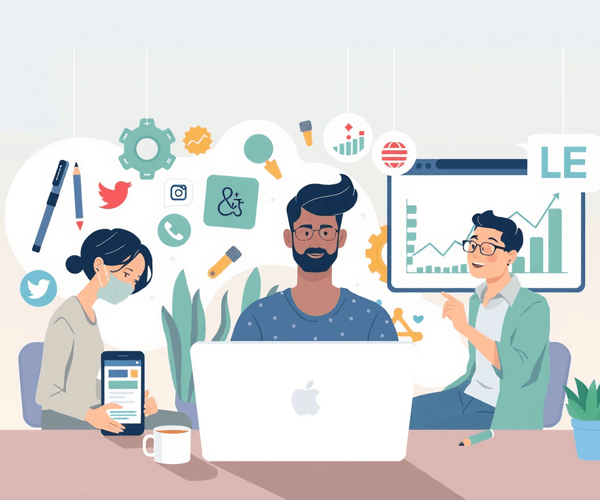Illustration of bloggers, business owners, content creators, and students using AI productivity tools from ProductiveMint.