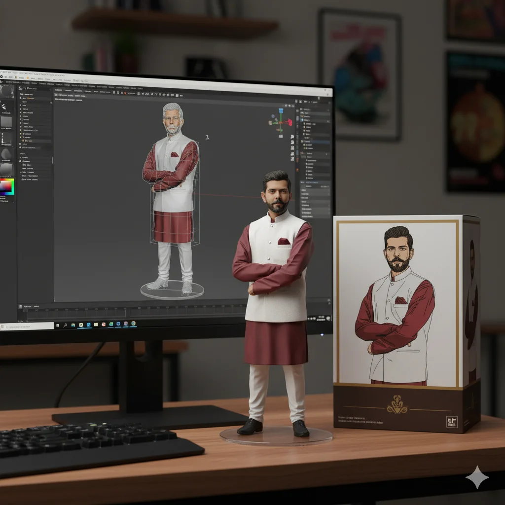 Nano-Banana collectible figurine on a desk with a monitor showing its 3D model and a premium toy packaging box.
