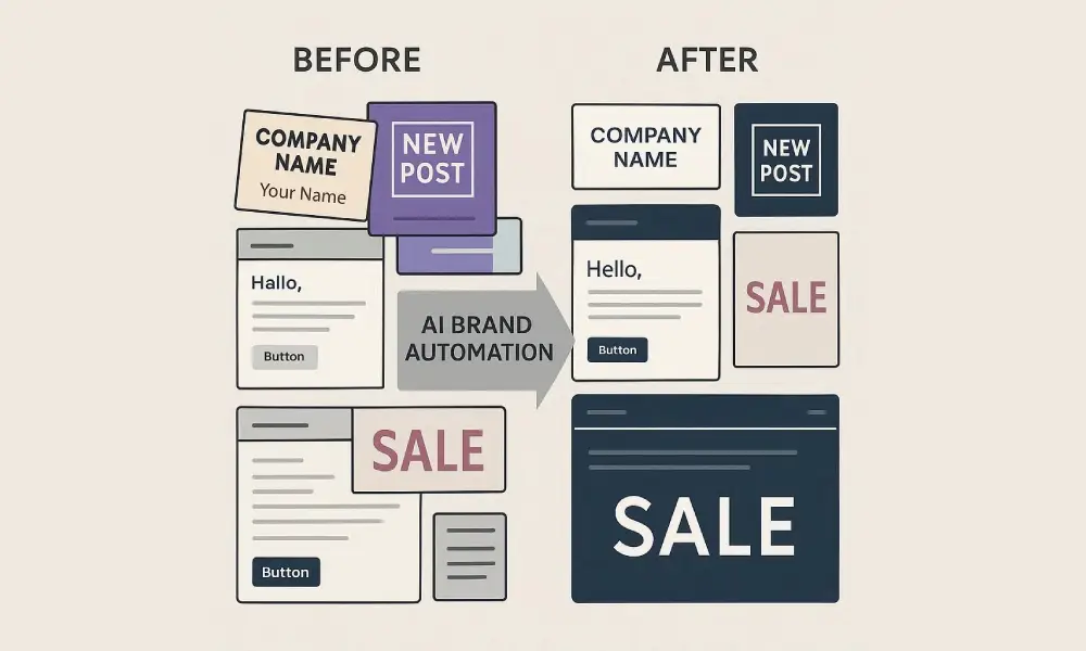 Before and after showing inconsistent brand materials transformed into cohesive branded content