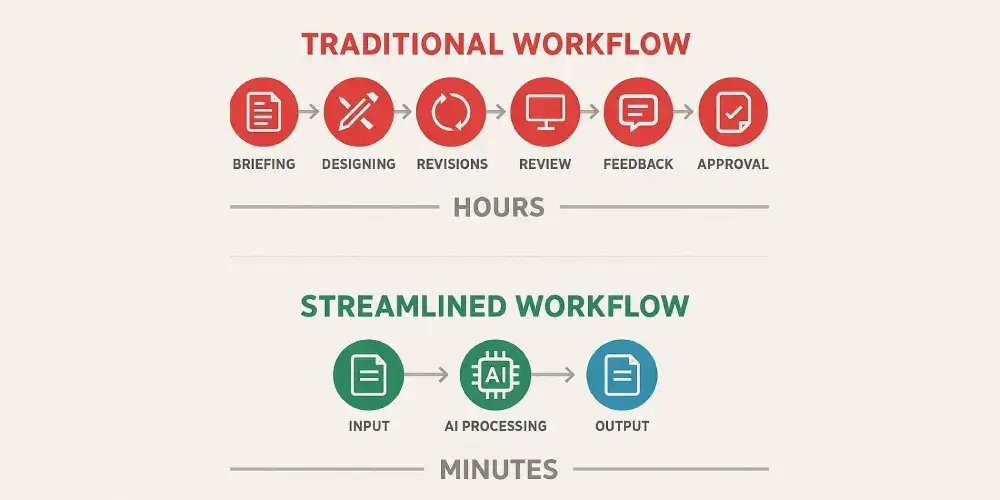 Flowchart comparing traditional design workflow with 8 steps versus Nano-Banana's simplified 3-step process