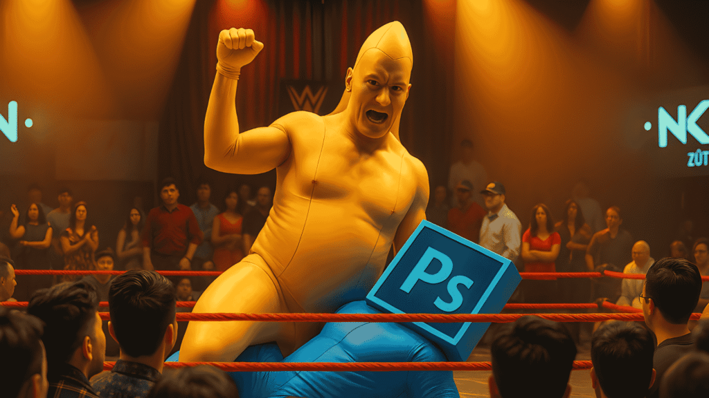 Nano-Banana wrestler defeating Photoshop character in a symbolic battle, representing a marketing game-changer