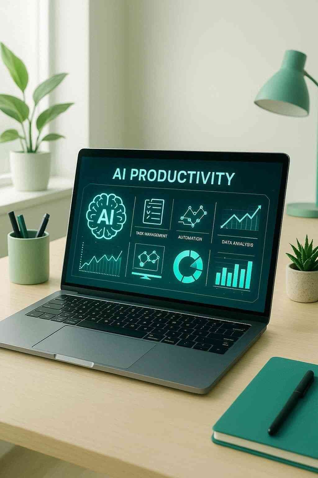 Smarter AI Tools for Productivity – ProductiveMint Modern workspace with AI productivity tools on laptop screen