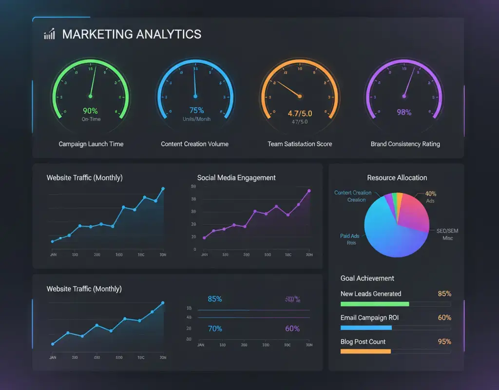 Dashboard showing metrics like time-to-campaign, content volume, and cost per asset