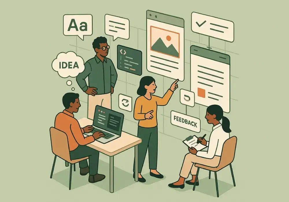 Screenshot showing team members collaborating on a design with prompt history and comments